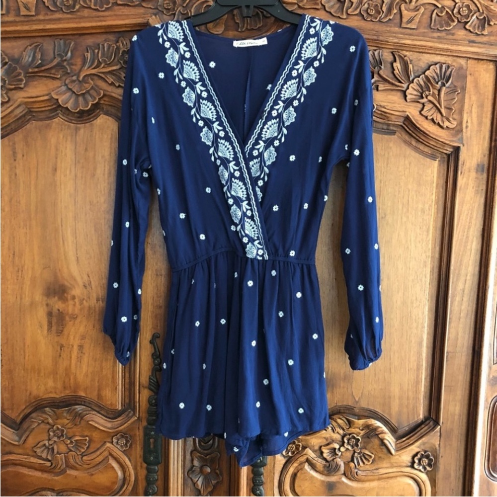 Navy Blue Embroidered Romper